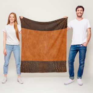 Brown Alligator Hide and Carmel Vintage Leather  Fleece Blanket