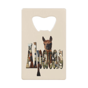 Brown Alpaca Behind The Word Alpaca, Credit Card Bottle Opener