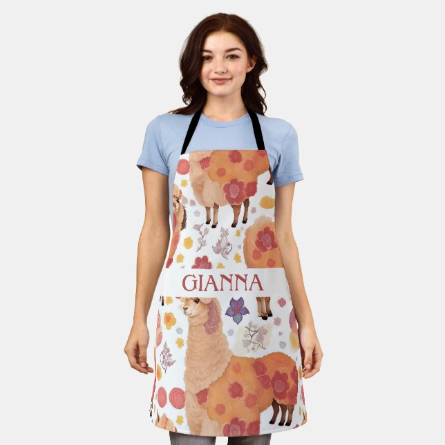 Brown Alpaca Watercolor Colourful Pattern Apron (Worn)