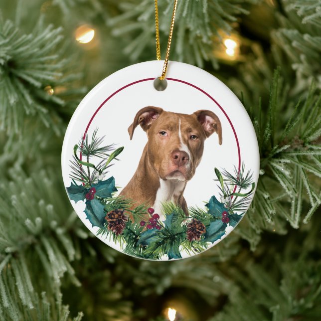 Brown American Pit Bull Dog Evergreen Wreath Ceramic Ornament (Tree)