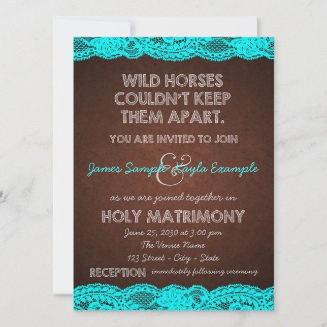 Brown and Antique Teal Blue Lace Wedding Invitation (Front)