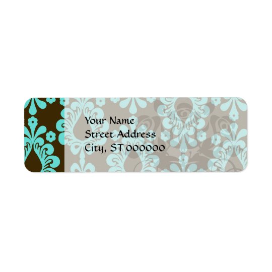 brown and aqua blue damask pattern return address label