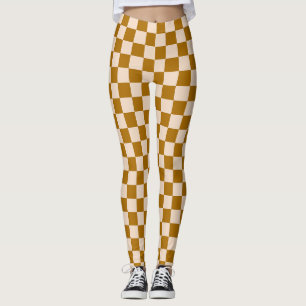 Brown and beige checkerboard pattern leggings