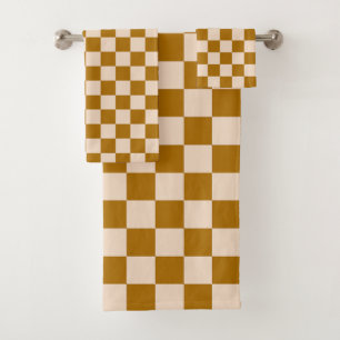 Brown and beige chequerboard pattern bath towel set