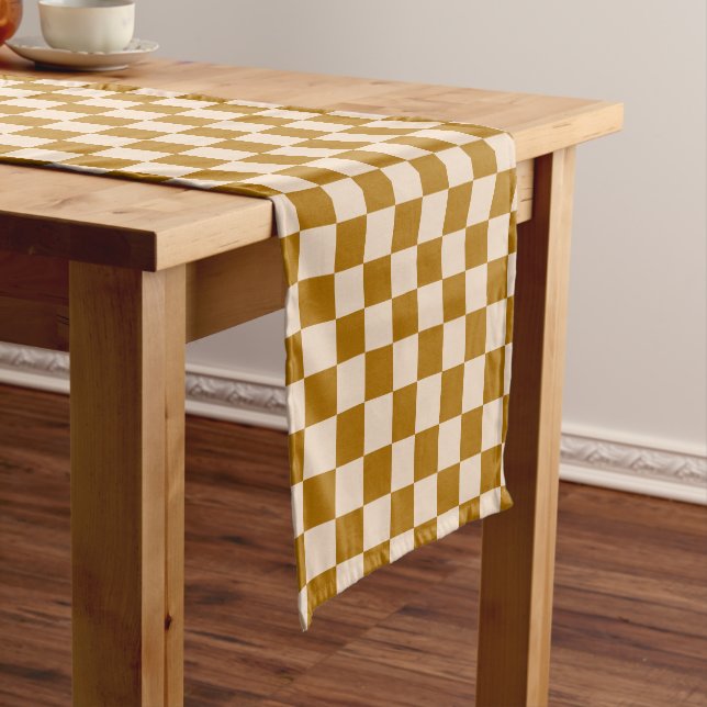 Brown and beige chequerboard pattern short table runner (In Situ)