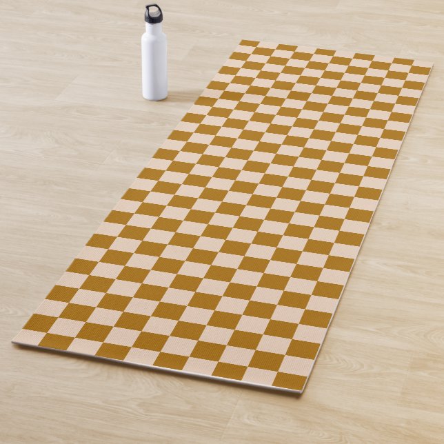 Brown and beige chequerboard pattern yoga mat (In Situ)