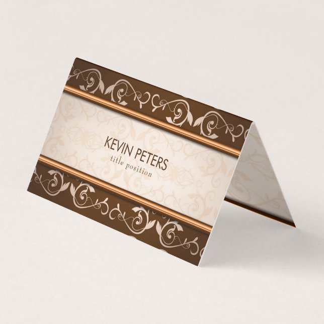 Brown And Beige Damask Pattern Business Card (Front)