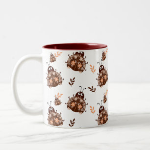 Brown and Beige Ladybug and Flower Pattern Two-Tone Coffee Mug