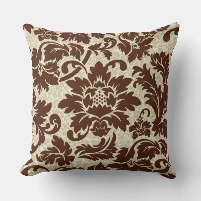 Brown And BeigeVintage Floral Damasks Throw Pillow (Front)