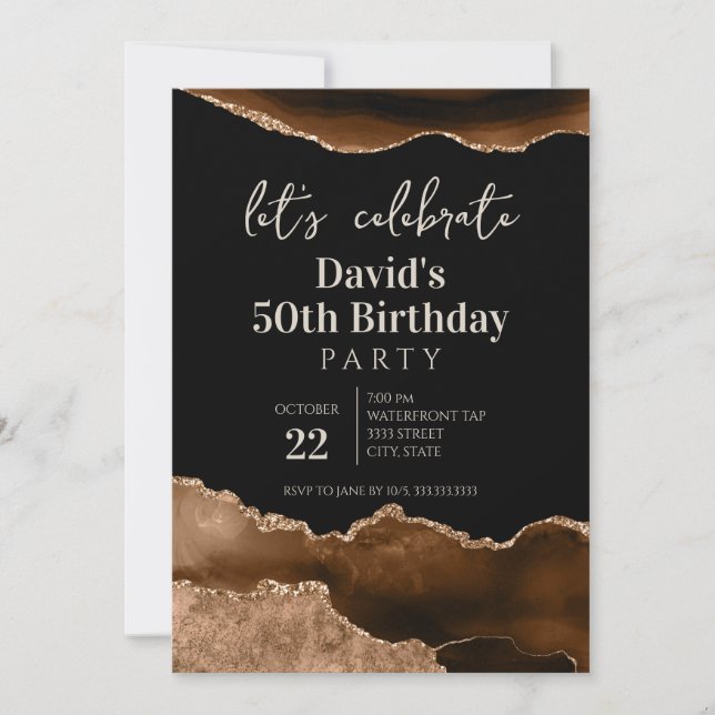 Brown and Black Agate 50th Birthday Party Invitation (Front)