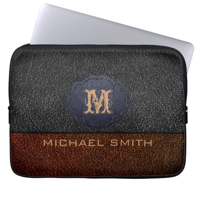 Brown and Black Leather. Custom Monogram Laptop Sleeve (Front)