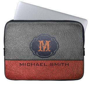 Brown and Black Leather. Custom Monogram Laptop Sleeve