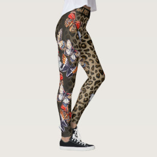 Brown and Black Leopard Colourful Butterflies Leggings