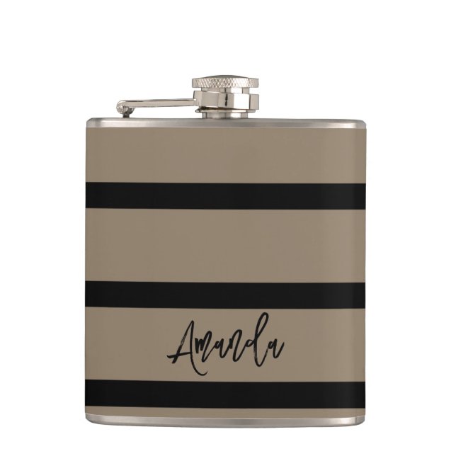 Brown and black stripes pattern personalized hip flask (Front)