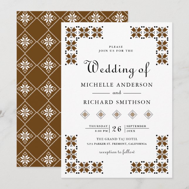 Brown and Black Ukrainian Embroidery Wedding Invitation (Front/Back)