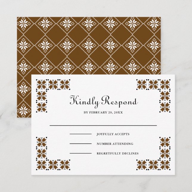 Brown and Black Ukrainian Embroidery Wedding RSVP Card (Front/Back)