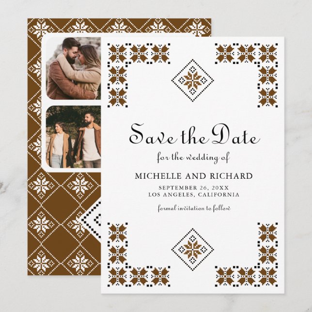 Brown and Black Ukrainian Embroidery Wedding Save The Date (Front/Back)