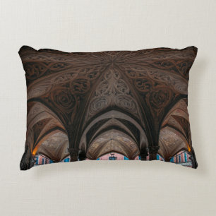 Brown and black wooden building interior accent pillow