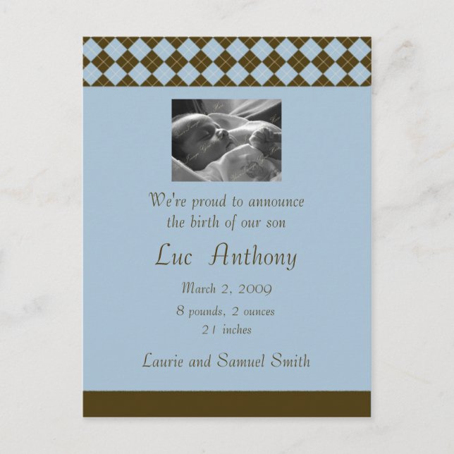 Brown and Blue Argyle Announcement (Customizable) (Front)