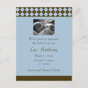 Brown and Blue Argyle Announcement (Customizable) Postcard
