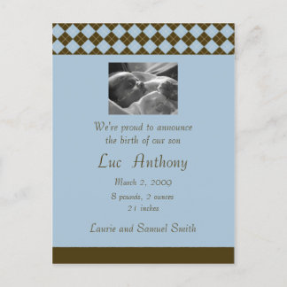 Brown and Blue Argyle Announcement (Customizable) Postcard