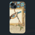 Brown and Blue Bird on a Branch Looking Up iPhone 13 Case<br><div class="desc">Meagan Meagher is a talented abstract and designer. This painting contains many different neutral and vivid colours like teal-blue, beige and light yellow. The frame around the bird adds a classy touch. Customize your favourite Zazzle product using this beautiful image.</div>