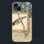 Brown and Blue Bird on a Branch Looking Up iPhone 13 Case<br><div class="desc">Meagan Meagher is a talented abstract and designer. This painting contains many different neutral and vivid colours like teal-blue,  beige and light yellow. The frame around the bird adds a classy touch. Customize your favourite Zazzle product using this beautiful image.</div>
