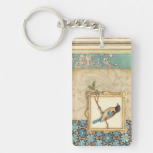 Brown and Blue Bird on a Branch Looking Up Keychain