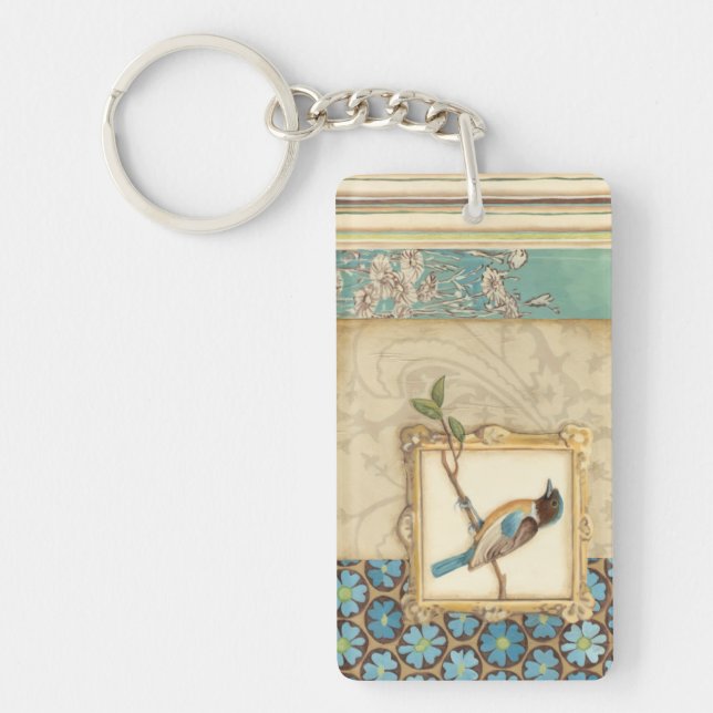 Brown and Blue Bird on a Branch Looking Up Keychain (Front)