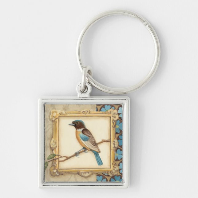 Brown and Blue Bird on a Branch Looking Up Keychain (Front)