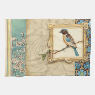 Brown and Blue Bird on a Branch Looking Up Kitchen Towel