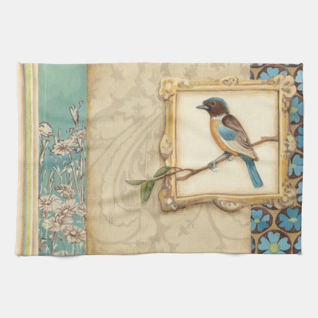 Brown and Blue Bird on a Branch Looking Up Kitchen Towel (Horizontal)