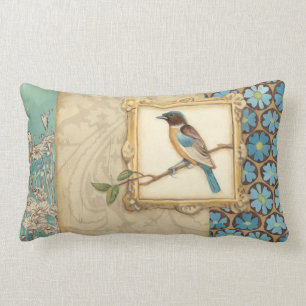 Brown and Blue Bird on a Branch Looking Up Lumbar Pillow
