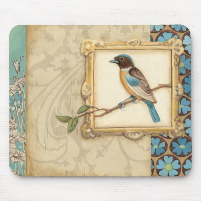 Brown and Blue Bird on a Branch Looking Up Mouse Pad (Front)