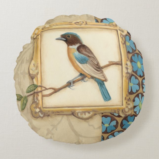 Brown and Blue Bird on a Branch Looking Up Round Pillow (Front)