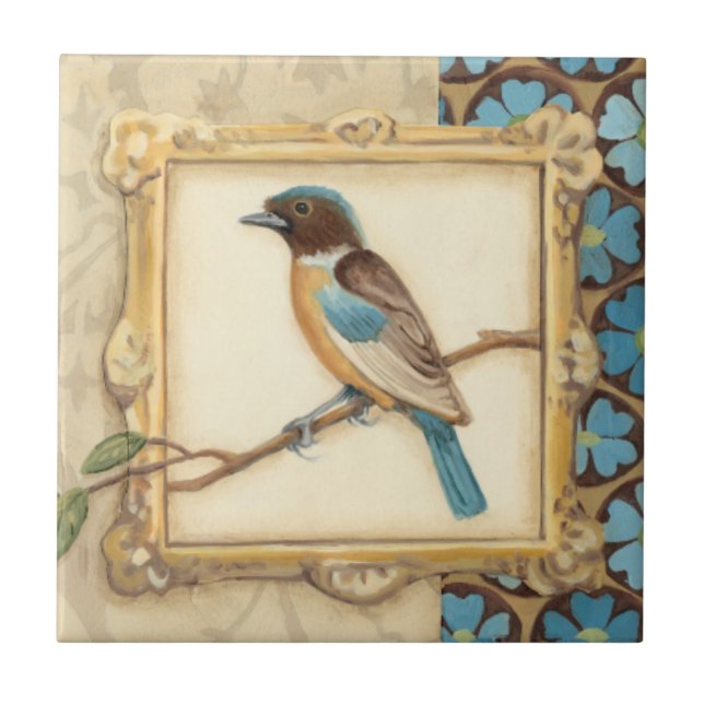 Brown and Blue Bird on a Branch Looking Up Tile (Front)