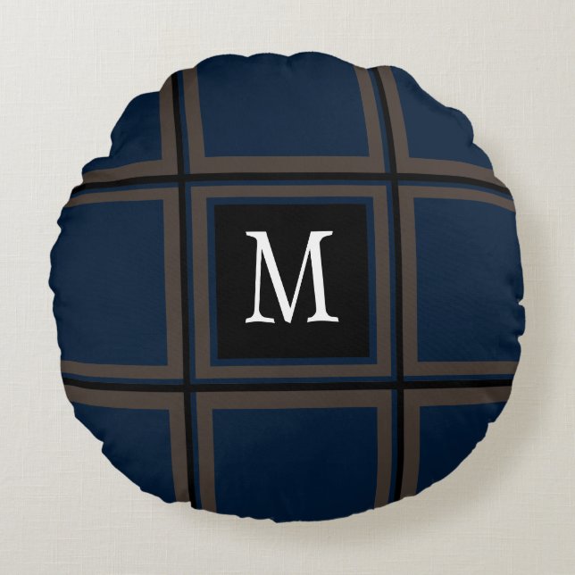 Brown and Blue Custom Single Initial Striped Round Pillow (Front)