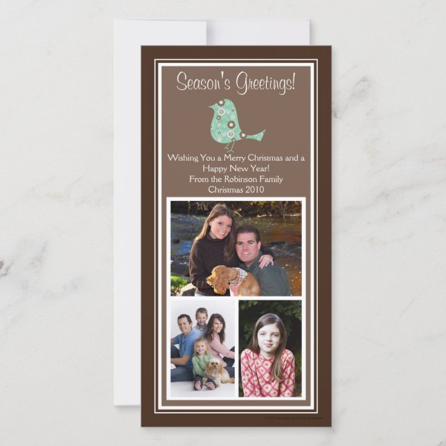 Brown and Blue Floral Bird Christmas 3 Photo Cards (Front)