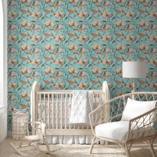 Brown and blue floral pattern wallpaper