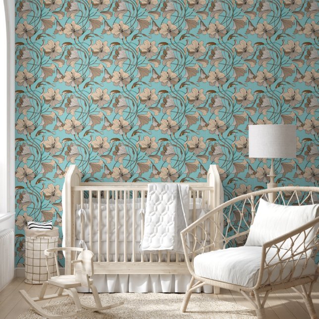 Brown and blue floral pattern wallpaper (Kids)