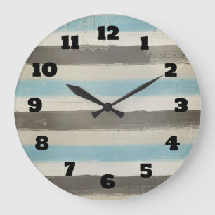 Brown and Blue Horizontal Stripes in Watercolor Large Clock