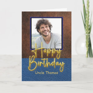 Brown and Blue leather Gold Script Uncle Birthday Card