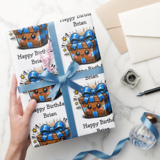 Brown and Blue Personalized Happy Birthday Wrapping Paper