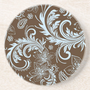 Brown And Blue Retro Flowers & Swirls Design Coaster