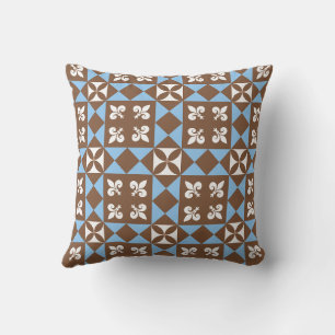Brown and Blue Retro Geometric Pattern Throw Pillow