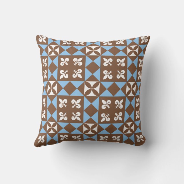 Brown and Blue Retro Geometric Pattern Throw Pillow (Back)