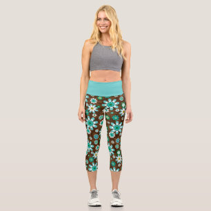 Brown and Blue Retro Mod Flowers Capri Leggings