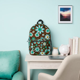 Brown and Blue Retro Mod Flowers Printed Backpack