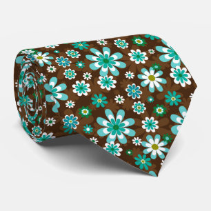 Brown and Blue Retro Mod Flowers  Tie