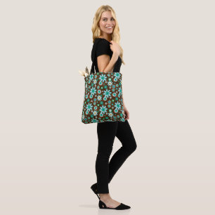 Brown and Blue Retro Mod Flowers Tote Bag